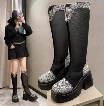 Летние высокие рыцарские сапоги с вышивкой из сетки, толстые сапоги с V-образным вырезом и высокой платформой 9 см, модные уличные массивные женские туфли 35