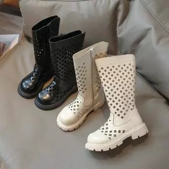 Летние высокие сапоги для девочек, детские сапоги принцессы, однотонные черные модные детские сапоги для подиума, дышащие, нескользящие, кожаные, 2024 26 чёрный