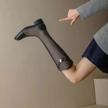 Летние высокие сапоги в сетку с V-образным вырезом, женские рыцарские сапоги из дышащей сетки и сетчатой ткани, крутые сапоги до колена с толстой подошвой и полой подошвой 36 чёрный