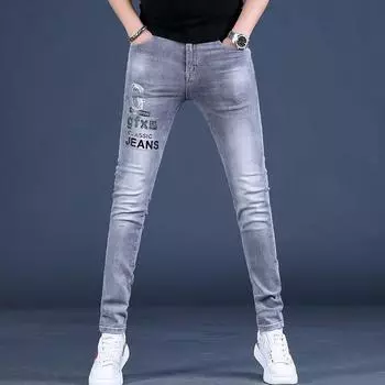 Летние высококачественные мужские джинсы с принтом и принтом, мужские тонкие брюки с небольшими отверстиями для ног, модные брюки 28 серый