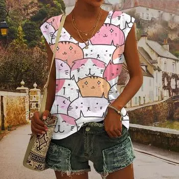 Летние забавные кошачьи 3D-принты майки женские уличные модные свободные жилеты с V-образным вырезом без рукавов женские майки S