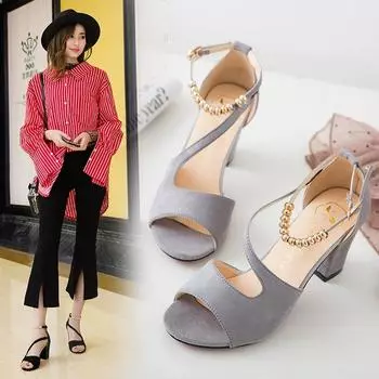 Летние замшевые босоножки на толстом каблуке с пряжкой, римские туфли на высоком каблуке для женщин 40EU/CN41 чёрный