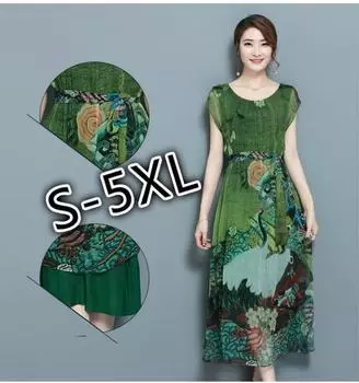 Летние зеленые винтажные платья с цветочным принтом, женские шелковые платья с круглым вырезом и коротким рукавом, размер Plus S-5XL S зелёный