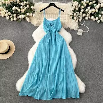 Летние женские элегантные 3d цветочные полосатые v-образным вырезом на бретельках длиной до щиколотки пляжные праздничные платья S синий