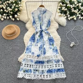 Летние женские элегантные без рукавов с вышивкой, кружевом, лоскутным принтом, свободные вечерние платья большого размера M синий