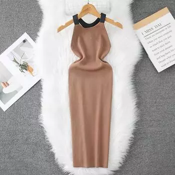 Летние женские элегантные безрукавки из кожи с пряжкой вязаный свитер облегающий пуловер платья One Size хаки