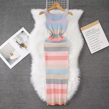 Летние женские элегантные безрукавки полосатый вязаный свитер тонкий облегающий пуловер платья One Size розовый