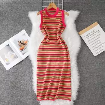 Летние женские элегантные безрукавные полосатые вязаные свитера-пуловеры платья One Size
