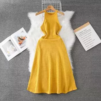 Летние женские элегантные безрукавные вязаные свитера-пуловеры платья One Size жёлтый