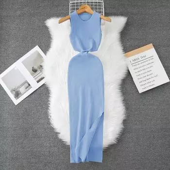 Летние женские элегантные безрукавные вязаные свитера с разрезом, облегающие платья-пуловеры One Size синий