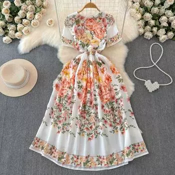 Летние женские элегантные длинные макси-платья с принтом и круглым вырезом S