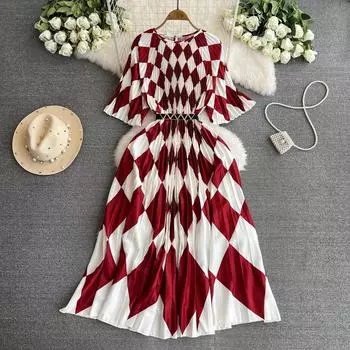 Летние женские элегантные клетчатые платья с половиной рукавом большого размера, свободные длинные макси-вечерние плиссированные платья с поясом One Size