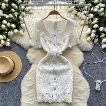 Летние женские элегантные кружевные крючком вышитые цветы тонкие облегающие мини-короткие офисные платья для вечеринок S белый