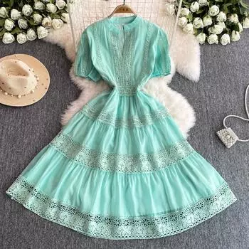 Летние женские элегантные кружевные лоскутные платья с v-образным вырезом и длинными рукавами-миди M синий