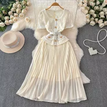 Летние женские элегантные кружевные шифоновые лоскутные вечерние платья с поясом M абрикосовый