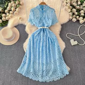 Летние женские элегантные кружевные вязанные крючком цветочные платья с поясом S абрикосовый