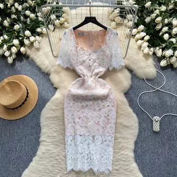 Летние женские элегантные квадратные воротники с бисером, кружевные, вязаные крючком, с цветочным принтом, для офиса, вечерние, тонкие облегающие платья-карандаш S белый