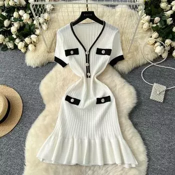 Летние женские элегантные мини-платья с V-образным вырезом и коротким рукавом One Size белый