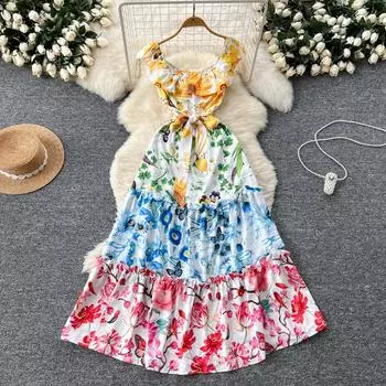 Летние женские элегантные платья с круглым вырезом и дизайнерским принтом, длинные платья миди для отдыха на пляже S