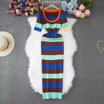 Летние женские элегантные полосатые вязаные свитера для офиса, облегающие длинные платья-футляры средней длины One Size синий