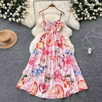 Летние женские элегантные принты на тонких бретельках длинные макси вечерние платья с поясом S