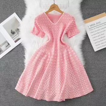 Летние женские элегантные принты розового цвета вязаный свитер мини короткие пуловеры платья One Size розовый