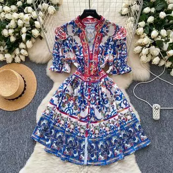 Летние женские элегантные расклешенные рукава дизайнерские принты платья с V-образным вырезом однобортное мини короткое вечернее платье M жёлтый