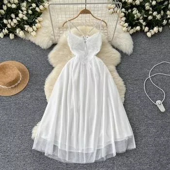 Летние женские элегантные сетчатые платья на тонких бретельках с вышивкой в виде бабочек для отдыха на пляже, вечернее платье принцессы S белый