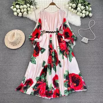 Летние женские элегантные свободные длинные макси-платья с принтом роз и поясом One Size бежевый
