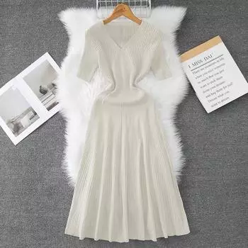 Летние женские элегантные трикотажные свитера с V-образным вырезом, платья-пуловеры А-силуэта One Size розовый