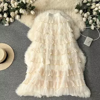 Летние женские элегантные юбки-торты с оборками из сетки и тюля, праздничная длинная юбка-макси One Size абрикосовый