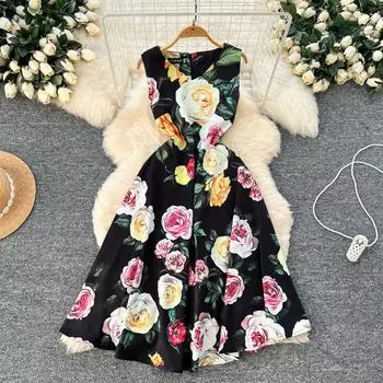 Летние женские элегантные V-образные вырезы без рукавов с цветочным принтом длинные миди-майки вечерние платья S чёрный