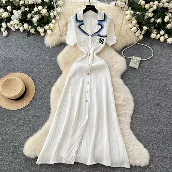 Летние женские элегантные V-образные вырезы с вышитыми буквами вязаные свитера однобортные длинные платья миди One Size белый