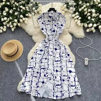 Летние женские элегантные вечерние платья с эластичной резинкой на талии и длинными рукавами-миди S синий