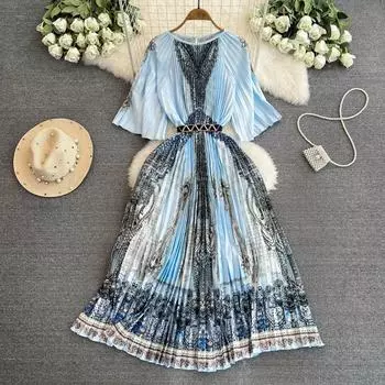 Летние женские элегантные винтажные европейские дизайнерские платья с принтом большого размера, свободные длинные макси-платья для взлетно-посадочной полосы с поясом One Size