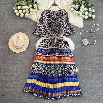 Летние женские элегантные винтажные леопардовые свободные длинные макси-плиссированные платья с поясом One Size