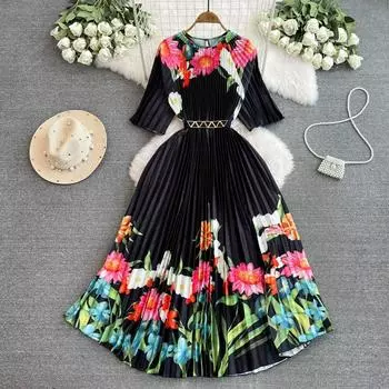 Летние женские элегантные винтажные принты большого размера, свободные длинные макси-платья с поясом One Size