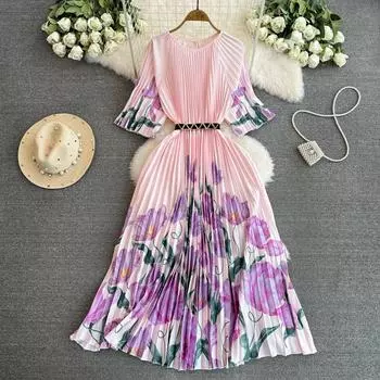 Летние женские элегантные винтажные принты с цветочным принтом, свободные длинные длинные макси-плиссированные платья с поясом One Size