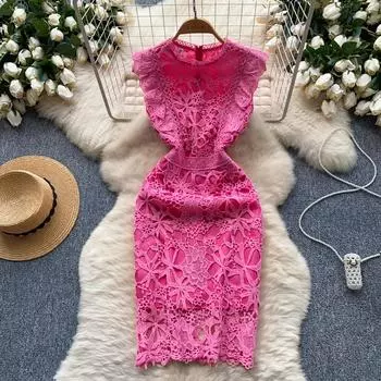 Летние женские элегантные водорастворимые кружевные вязаные крючком цветы вышитые облегающие мини-платья для офиса и вечеринки M зелёный