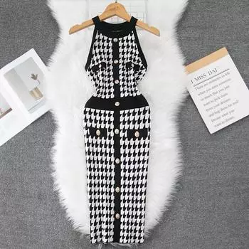 Летние женские элегантные вязаные свитера без рукавов с узором «гусиная лапка», мини-короткие облегающие платья-пуловеры One Size чёрный