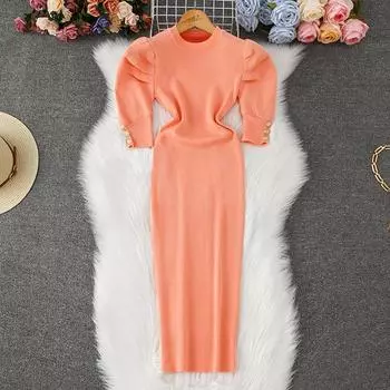 Летние женские элегантные вязаные свитера с рукавами-фонариками для офиса, облегающие мини-платья-футляры One Size светло-синий