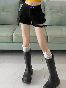 Летние женские американские ретро Vibe High Street Готические джинсовые шорты-карго женские черные винтажные мешковатые брюки трапециевидной формы в стиле 90-х годов Y2k XS чёрный