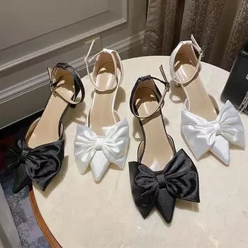 Летние женские атласные босоножки на высоком каблуке 7 см, женские атласные туфли с острым носком на низком каблуке, элегантные шелковые туфли с бантом для свадебной вечеринки 36 белый