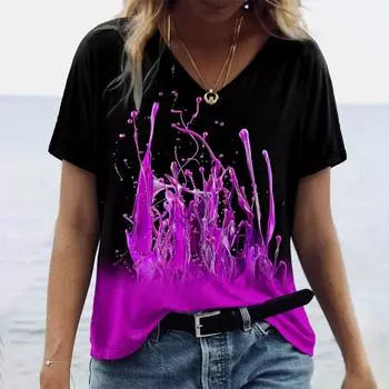 Летние женские базовые топы с V-образным вырезом и графическим 3D-принтом в виде абстрактной живописи, зеленый, синий, фиолетовый, больших размеров, пуловер S