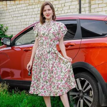 Летние женские белые цветочные принты, женские весенне-летние винтажные повседневные платья до середины икры с коротким рукавом и круглым вырезом S белый