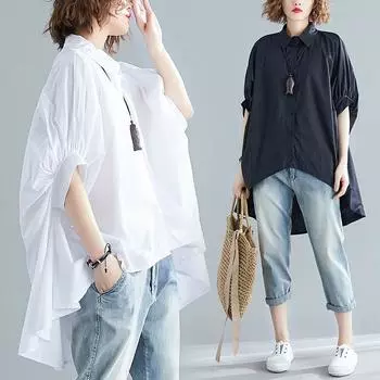 Летние женские белые рубашки модные длинные рукава большие свободные блузки бант модная женская одежда One size чёрный