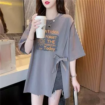 Летние женские белые серые футболки с буквенным принтом, большие футболки с рисунком, топы, модная футболка с нестандартным бантом, топ, уличная одежда M серый