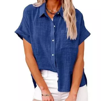 Летние женские блузки на пуговицах с лацканами, однотонные хлопковые льняные рубашки с карманами и короткими рукавами, рубашка нестандартной формы большого размера S чёрный
