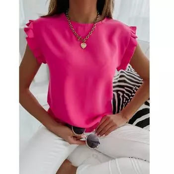 Летние женские блузки с круглым вырезом, повседневные рубашки с оборками и рукавами, однотонные рубашки S зелёный