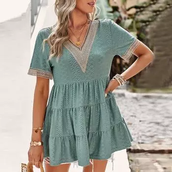 Летние женские блузки с V-образным вырезом и жаккардовым узором, однотонные повседневные рубашки, женские топы с рукавами-фонариками и вышивкой, элегантные блузки 25458 S зелёный